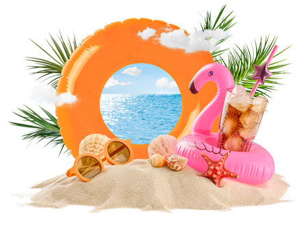 Summer sea inside inflatable swim ring with sunglasses, starfish, shells, pink flamingo inflatable and glass of cold drink with ice on sandy island isolated on white background with clipping path.の写真素材