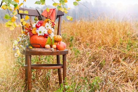 Thanksgiving day pumpkins bouquet. Autumn bouquet of flowers and berries in pumpkin vase on old retro chair on against autumn forest with sunbeams, glare and falling maple leaves. Happy Thanksgiving.の写真素材