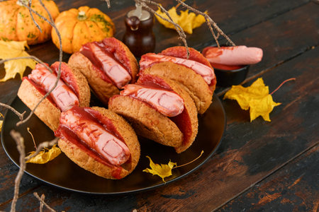 Halloween background. Homemade hot dogs with bloodied fingers on dark table for Halloween. Themed food for Halloween celebration party. Copy space.の写真素材