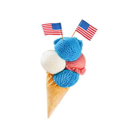 4th of July Holiday Independence background. Mans hand holds colorful ice cream cone with red, white and blue scoops patriotic colors isolated on white background with clipping path. Design element.の写真素材