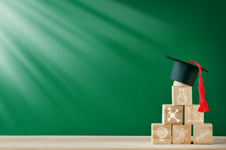 Stacked pyramid of wooden blocks with icon scientific symbols on green blackboard or chalkboard background. Concept education, development and learning. Empty background. Back to school concept.の写真素材