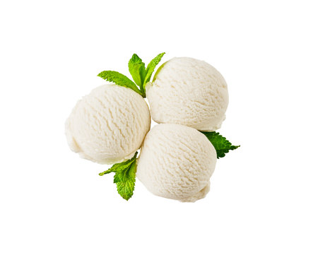 Three balls of creamy or vanilla ice cream with mint leaves isolated on white background with clipping path, top view. Design element.の写真素材