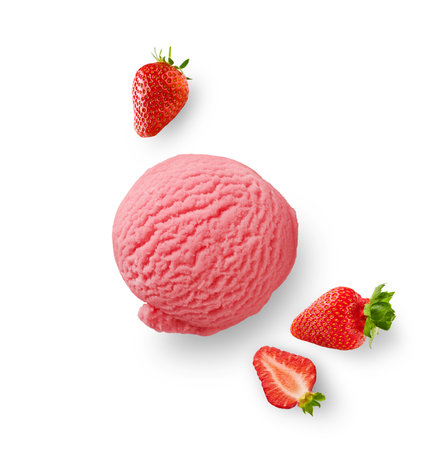 One scoop of strawberry fruit ice cream with fresh strawberries isolated on white background with clipping path, top view. Design element.の写真素材