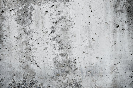 Cracked concrete wall covered with gray cement surface. Gray old wall with shabby damaged plaster or cement and brick background of an vintage dirty exfoliating plaster. Mock up.の写真素材