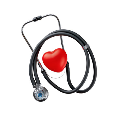 Stethoscopes or phonendoscope with red heart isolated on white background with clipping path. Design element. World Hypertension or donor Day.の写真素材