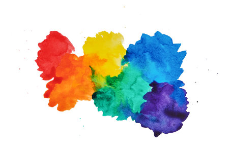 LGBT flag spot blot watercolor red, orange, yellow, green, blue, purple isolated on white background with clipping path. Design element. Abstract concept for diversity and pride month celebrations.の写真素材