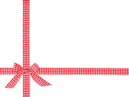 Red and white checkered ribbon with bow crosswise arranged isolated on white background with clipping path. Holiday Sale Concept. Design element.の写真素材