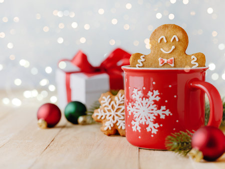 Christmas gingerbread man in red mug with hot chocolate cookies with decorations, Christmas tree branches, gifts and toys on wooden background with bokeh garland. Christmas card design element.の写真素材
