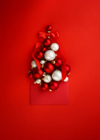 Creative Christmas tree made of Christmas ornaments in shape of balls decorated red ribbon bow on red background. New Year or Christmas greeting card concept. Design element. Top view.の写真素材