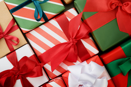 Many Christmas gift box with copy space for text, Christmas card design. Idea for Christmas advent...
