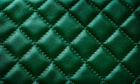 Green leather texture background with diagonal stitching. Close up seamless green leather with diagonal diamond stitching. Design element.の写真素材