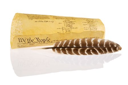 Quill and United States Constitution isolated on whiteの写真素材