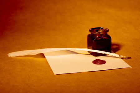 Quill, inkwell and envelope with an antique lookの写真素材