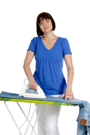Ironing trousers woman isolated on white background.の写真素材