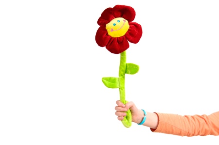 Girl with the funny flower isolated on the white background の写真素材