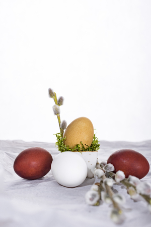 Easter eggs with willow twigs. Happy Easter.の写真素材