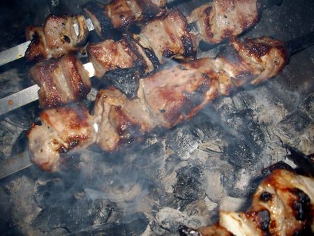 preparation of meat on coals from an arboreal fireの写真素材