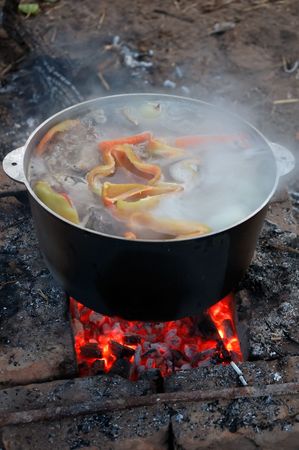 preparation of soup from fresh river fish, morning illuminationの写真素材