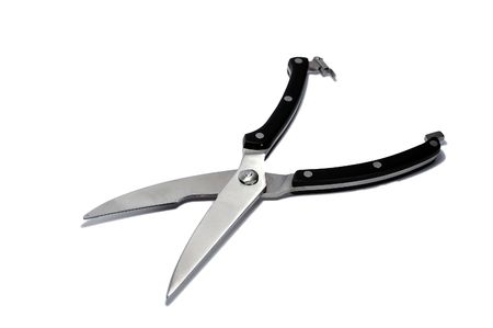 sharp steel kitchen scissors on a white background
