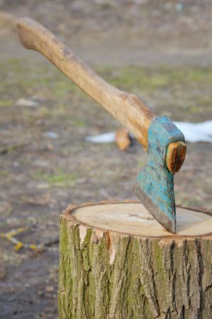 ax for the deck-house of firewoods on a stump, evening illumination