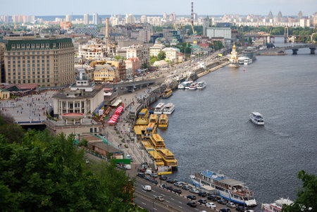 River Dnieper and river trams (water buses) in the capital of Ukraine Kievのeditorial素材