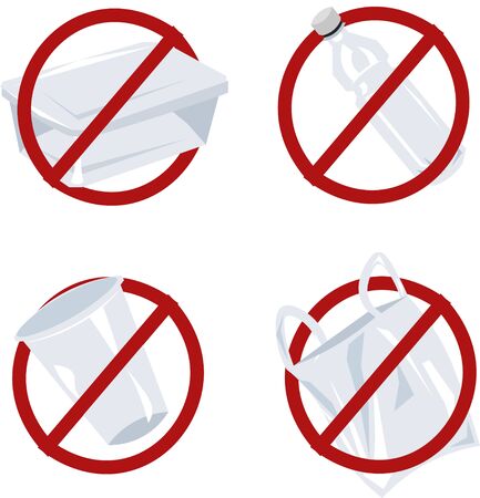 Set of vector plastic items in a red forbidding sign. Container, bottle, bag, cup. Save the planet, say no to plastic. Global problem.のイラスト素材