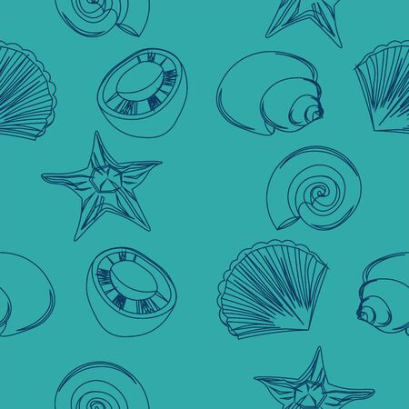 Vector summer beach background. Seashells, starfish, coconut, pineapple rings on blue sea backdrop.のイラスト素材