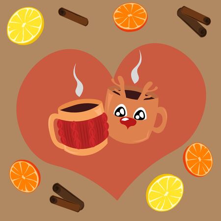 Christmas mugs with mulled wine, punch, hot tea on the background of a brown heart. Design for the new year, christmas. Comfort, warm.のイラスト素材