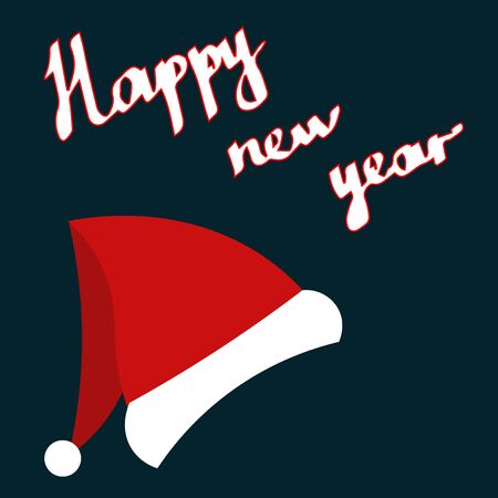 Text "Happy New Year" on a blue background. Santa hat. Design for postcards, posters.のイラスト素材