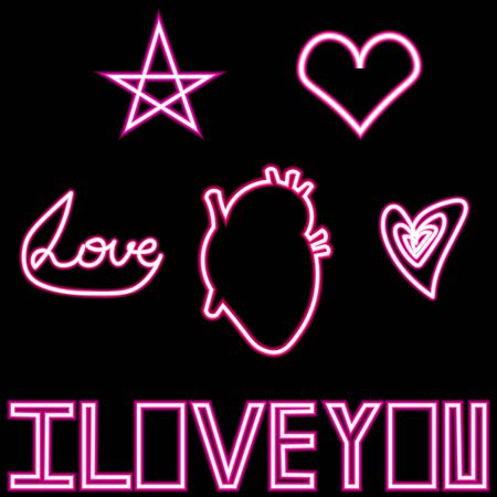 Set of neon objects for Valentine's Day. Hearts, romance and love. Lettering. Design for cards, signage, logos and flyers.のイラスト素材