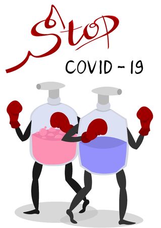 Stop CPVID 19. Coronavirus. Postcard, information brochure. Preventive measures. Soap and antiseptic in boxing gloves. The fight for health.のイラスト素材