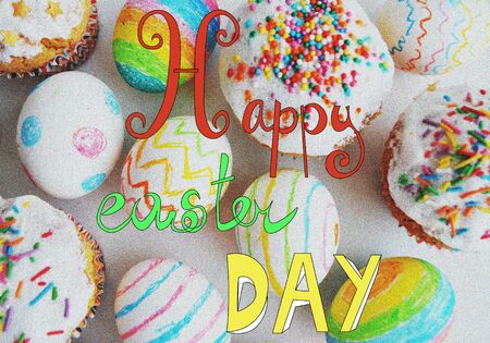 Easter. Colored eggs and cakes. Lettering, congratulations. Design for postcards.
の写真素材