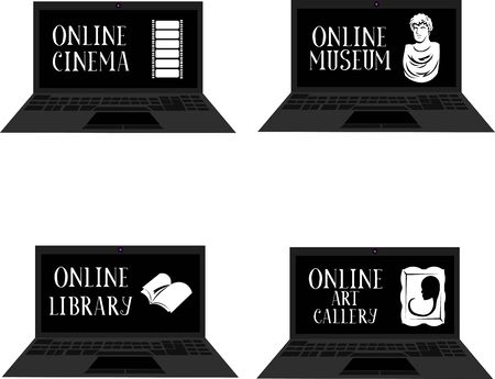 Online leisure and education. Entertainment and relaxation. Online training. Stay at home. Quarantine. Library, gallery, cinema theater and museum.

のイラスト素材