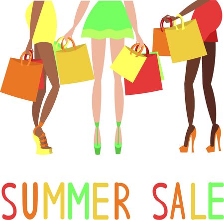 Summer Sale. Seasonal discounts. Girlfriends on shopping. Slender legs in high-heeled shoes. Girls in mini skirts. Multi-colored bags and bags for shopping.のイラスト素材