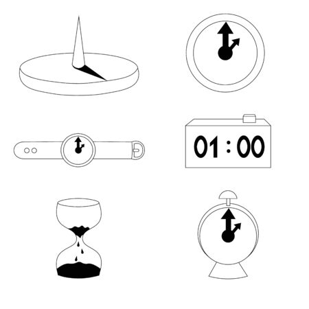 Set of vector watches. Sundial, hourglass, wristwatch. Alarm clock and second timer. Outline.のイラスト素材