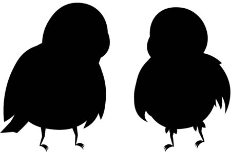 Black silhouettes of two birds. Dark shadows. Round, thick and fluffy pigeons, sparrows and tits. Children's design for print, poster, clothes.

のイラスト素材