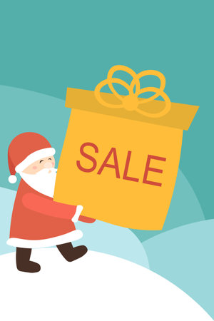 blue background. New Year's Sale. Santa Claus with a big gift. in the snow.のイラスト素材