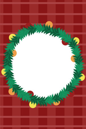 New Year round frame. Checkered red background. Branches of a green Christmas tree with yellow, red, orange balls. Vertical banner, flyer. Design for advertising.のイラスト素材