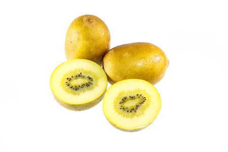 yellow gold kiwi fruit isolated on white backgroundの写真素材