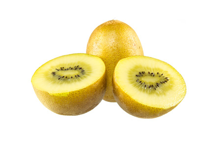 yellow gold kiwi fruit isolated on white backgroundの写真素材
