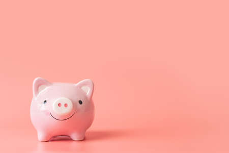 Pink piggy bank isolated on pink background with copy space. Financial and saving money concept.の写真素材
