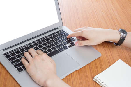 business man working on blank screen laptop computer on office desk