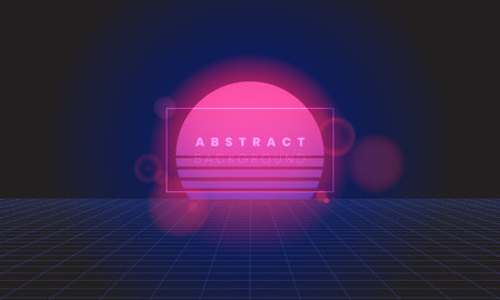 Retro digital 80s style futuristic abstract background. Sci-fi neon light glowing perspective grid landscape with blue, pink, purple color gradient sun and lens flare. EPS10 illustration vector.のイラスト素材
