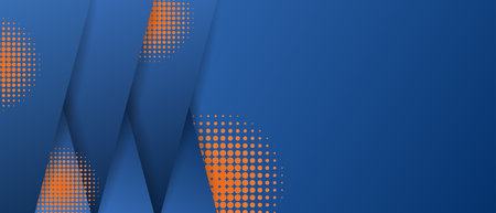 Realistic modern abstract blue overlap stripes banner background decorate with shadows and orange circular halftone dots effect. EPS10 vector illustration.のイラスト素材