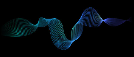 Abstract turquoise green and blue gradient flowing wave lines on black background. Particle lines...