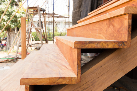 Wood floors, natural wood staircase from the outsideの写真素材