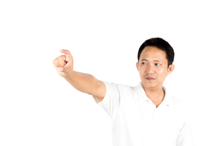 Man hold concept hand Isolated on white backgroundの写真素材