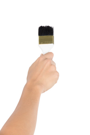 man work hand holding tool painting isolated on white backgroundの写真素材