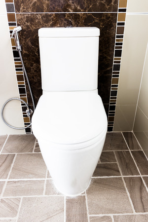 Modern design home bathroom toilet and sink White colur sanitary ware in the bathroomの写真素材