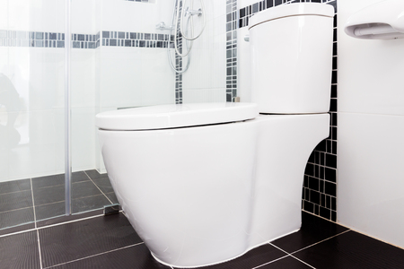Modern design home bathroom toilet and sink White colur sanitary ware in the bathroomの写真素材